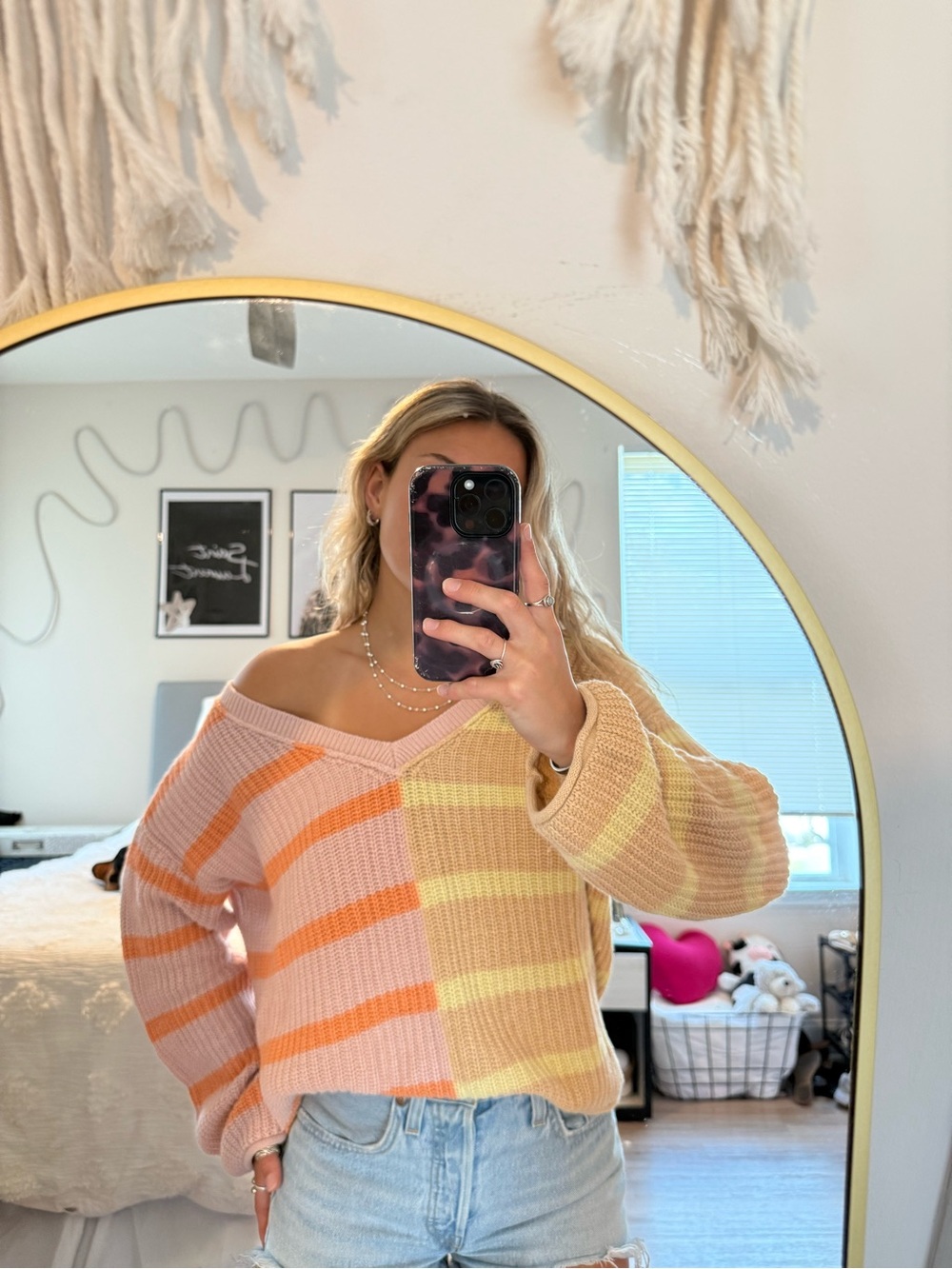 American Eagle Outfitters Striped V-Neck Sweater in Pink, Orange & Yellow